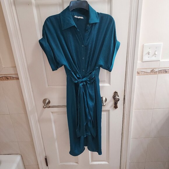 Steve Madden Turquoise Blue Alicia Ruched Tie Front Dress - Picture 2 of 7